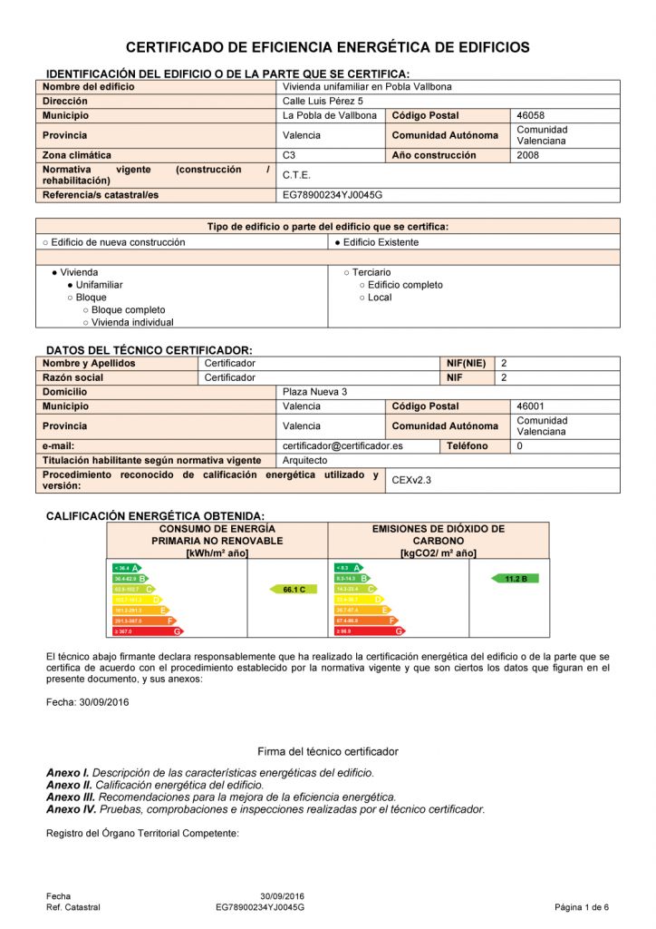 portada certificado energético contenido minimo