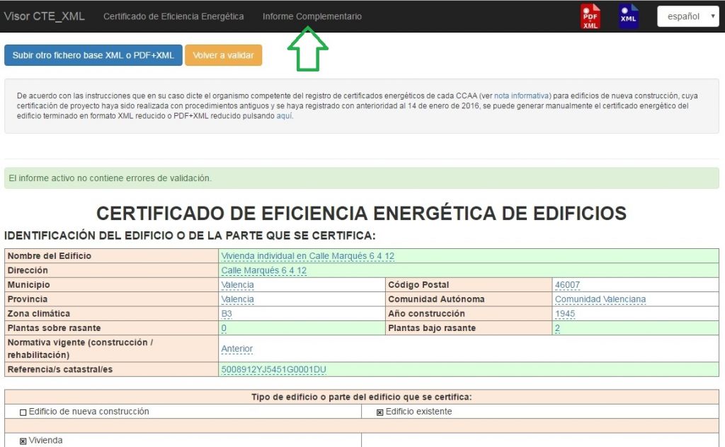 Visor CTE XML Informe Complementario Certificado Eficiencia Energética