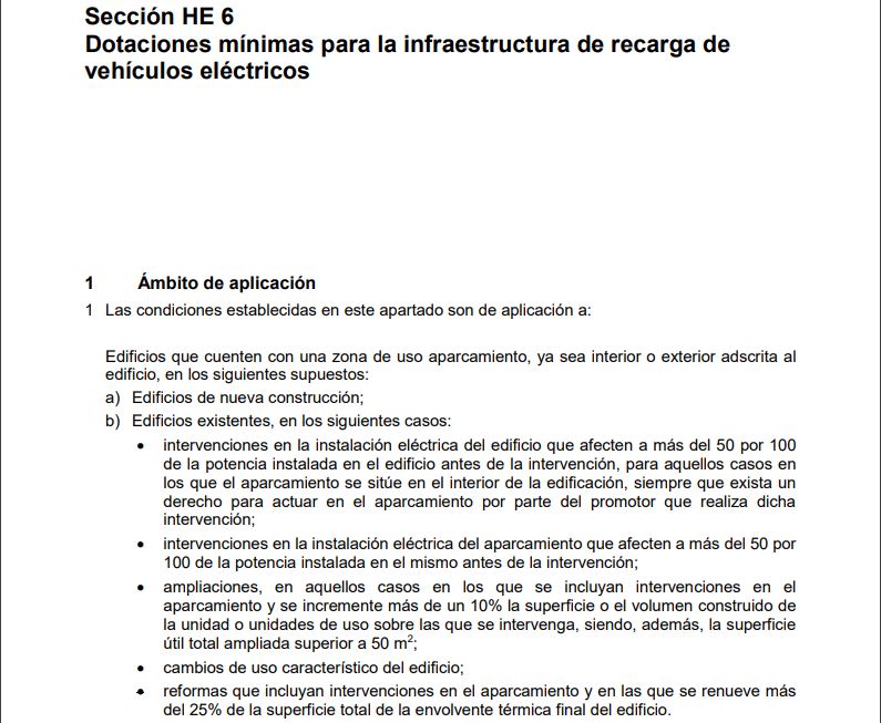 nueva modificación del CTE DB HE6 recarga de vehículos eléctricos