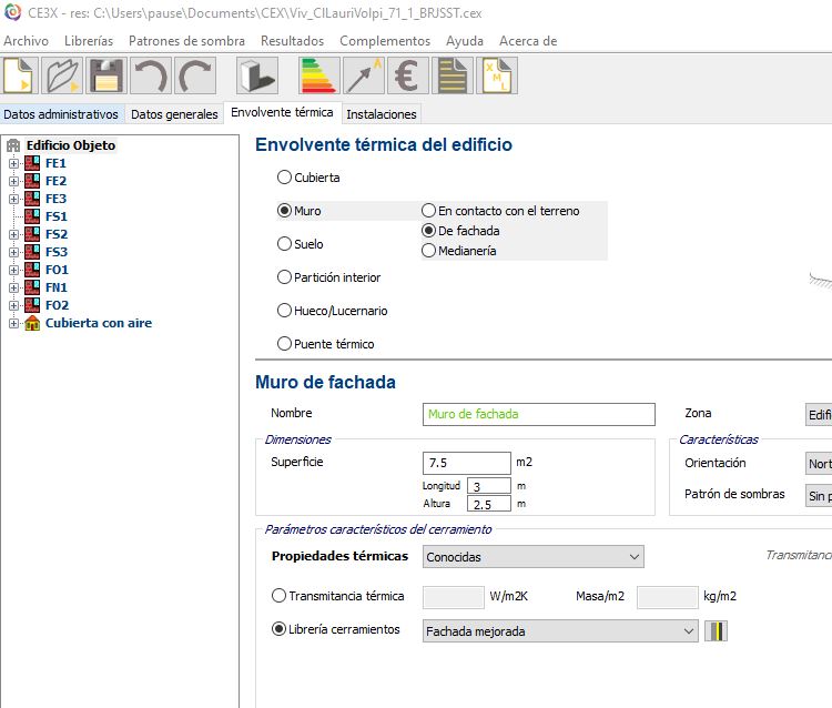 materiales nuevos en CE3X asignar cerramiento creado