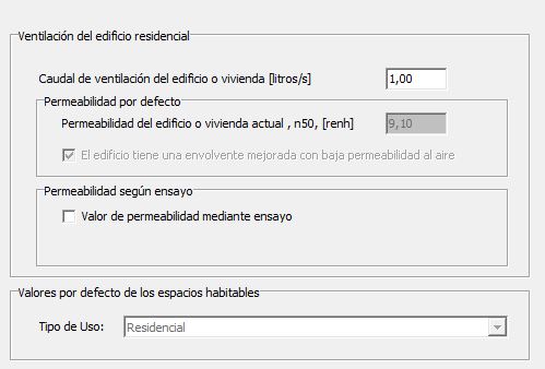 HULC permeabilidad por defecto relación cambio de aire a 50 pa