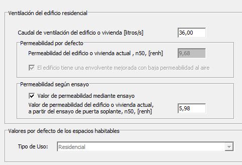 relacion cambio de aire a 50 pa HULC permeabilidad segun ENSAYO